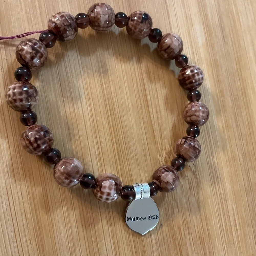 Hand Crafted Charm Bracelet Brown Stretch Beaded Scripture Unisex Matt. 19:26